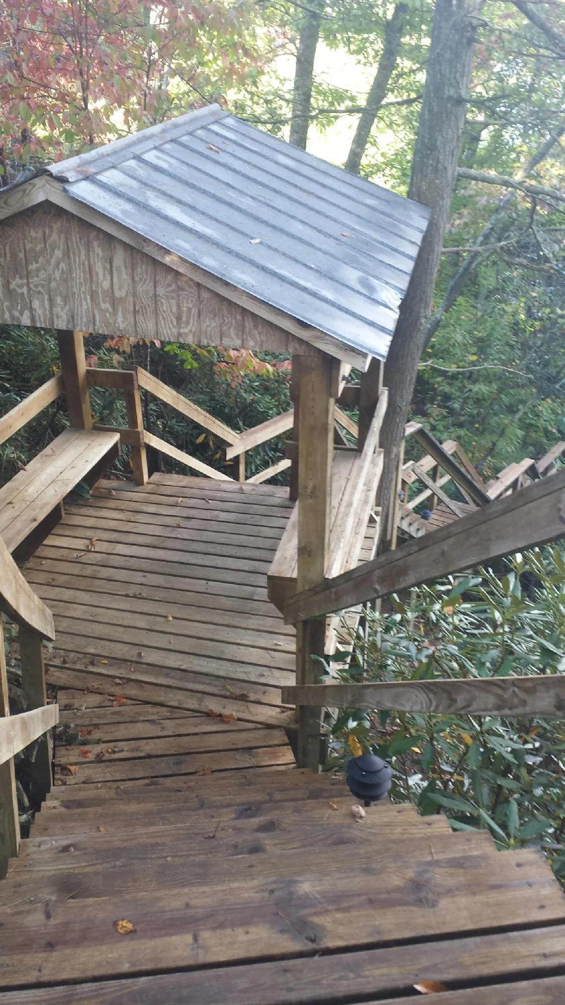 Metal roofed shelter over wooden steps on a wooded walkway — Skylight Repair & Installation work by our crew in Rose Hill